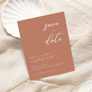 Timeless Terracotta Postcard Save the Date Template, Boho Minimalist Editable Save the Date, Printable Double Sided Postcard Save Our Date