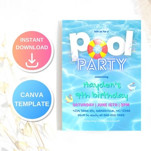 Pool Party Invitation Template, Editable Kids Pool Birthday Party Invite, Summer Birthday Invite Instant Download, Swimming Party Printable