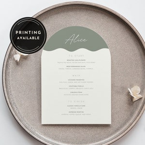 Arch Wedding Menu Place Card Template Modern Sage Green Wedding Menu With Guest Name Printable Dinner Menu Colorful Fun Menu Arch Emilie