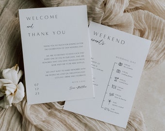 Editable Wedding Events Timeline Template Minimalist White Wedding Itinerary Welcome Bag Thank You Note Wedding Weekend Schedule Icons Elle