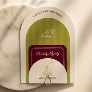 May include: Wedding invitation suite with a layered design. The top layer has the text "Together with their families" and "The Details". The middle layer says "Kindly Reply". The bottom layer says "Let's Celebrate". The suite is held together with a silver ring.