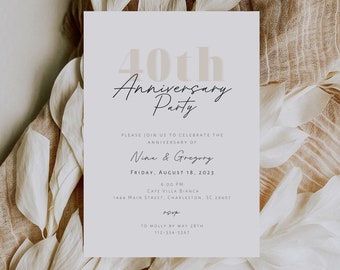Minimalist 40th Anniversary Party Invitation Template, Modern Ruby Wedding Anniversary Invitation, 40th Anniversary l Neutral Invite, Nina