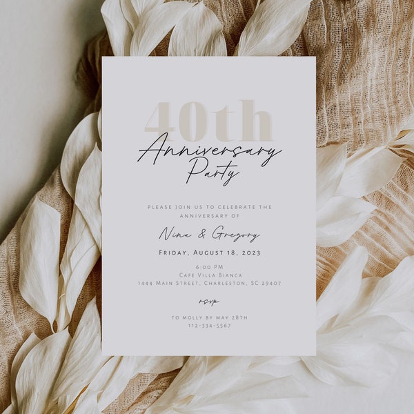 Minimalist 40th Anniversary Party Invitation Template, Modern Ruby Wedding Anniversary Invitation, 40th Anniversary l Neutral Invite, Nina