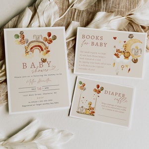 Boho Animal Baby Shower Invitation Suite Templates, Printable Boho Baby Animal Shower Invite Set, Editable Rainbow Boho Shower Invite | BB8