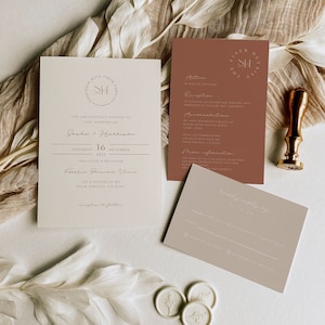 Terracotta Wedding Invitation Template Suite Minimalist Wedding Monogram Invitation Boho Printable Wedding Invite Set Editable Canva | Sasha