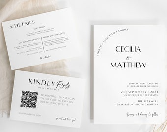 Wedding Invitation QR Code Rsvp Minimalist Wedding Invite Suite Template Simple Wedding Stationary Editable QR Code Rsvp Card | Lola