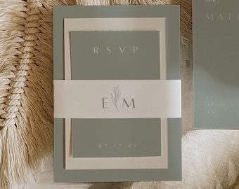 Sage Green Wedding Invitation Suite Template Sage Wedding Invite Stacked Suite Minimalist Neutral Wedding Stationary With Belly Band | Isla