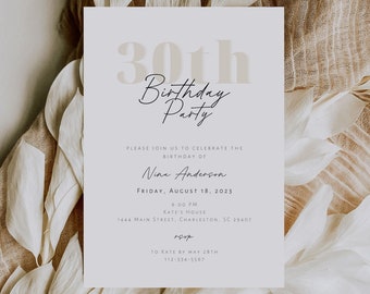 Minimalist 30th Birthday Party Invitation Template, Simple 30th Birthday Invite, Modern Neutral 30th Birthday Invite Printable | Nina