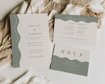 Modern Wedding Invitation Suite Sage Green Wedding Invite Template Wavy Retro Wedding Invite Printable Unique Invite RSVP DIY Canva Emilie