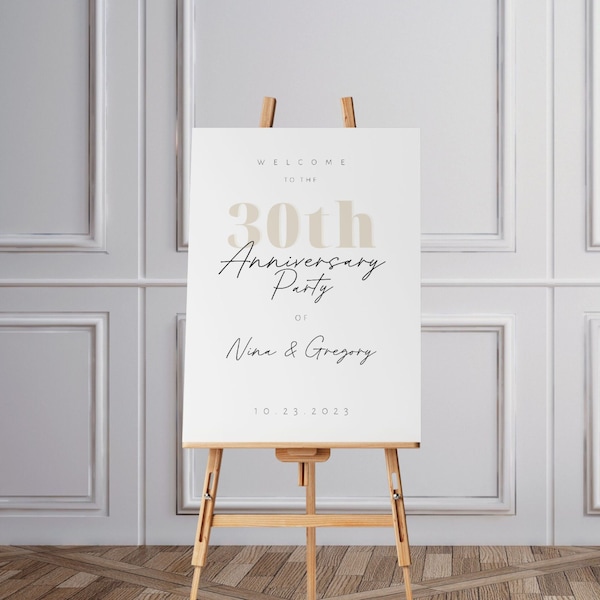 30th Anniversary Welcome Sign Template Minimalist 30th Anniversary Party Sign Modern Pearl Anniversary Welcome Poster For Party Canva Nina