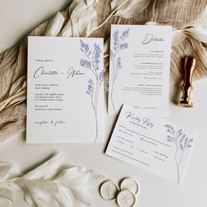 Minimalist Lavender Wedding Invitation Suite Watercolor Floral Wedding Invite Set Template Botanical Boho Wedding Invite Simple DIY | Hudson