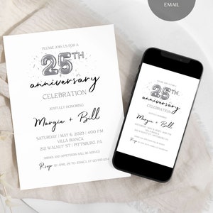 25th Anniversary Invitation Template, Silver Balloon 25th Anniversary Invitation, Printable Silver Wedding Anniversary Invite, canva