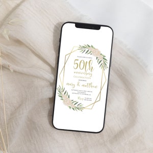 50th Anniversary Evite Template, Golden Anniversary Electronic Invitation, Floral Greenery Anniversary Digital Invite, DIY Canva Template