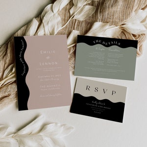 Modern QR Wedding Invitation Suite Sage Green Champagne Pink Wedding Invite Template Wavy Fun Invitation Printable QR code RSVP Emelie