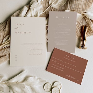 Boho Wedding Invitation Template Suite Minimalist Terracotta Wedding Invitation Printable Wedding Invite Set Rust Canva Editable| Elle