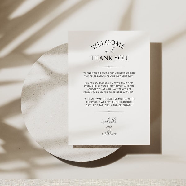 Wedding Welcome Place Card Template Editable Wedding Thank You Place Card Welcome Note Place Setting Guest Thank You Place Card Canva Bella