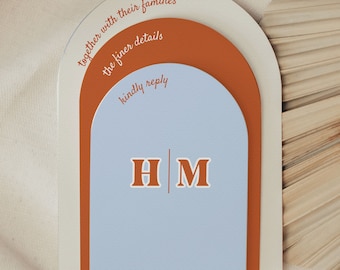 May include: A light blue, cream, and orange wedding invitation with the text "together with their families the finer details kindly reply H | M" and the name "Scarlet Grace" in the top right corner.