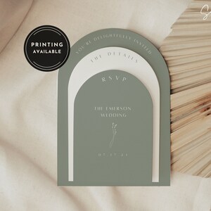 May include: A green and white wedding invitation with an arch design. The text reads "You're delightfully invited", "The Details", "RSVP", "The Emerson Wedding", and "03.13.21".