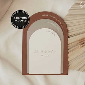 May include: A wedding invitation with a modern arch design in shades of brown and beige. The invitation features the text "Please join us as we celebrate the finer details" and "Kindly reply". The couple's names, "Lilie & Nicholas", and the date, "10.13.24", are also included. The invitation is printed on a textured paper.