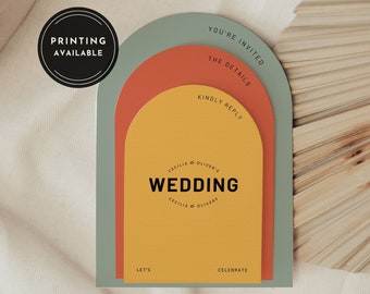 May include: A wedding invitation with a modern design featuring three overlapping arches in shades of green, orange, and yellow. The text reads "You're Invited", "The Details", "Kindly Reply", "Cecilia & Oliver's Wedding", "Let's Celebrate", and "Scarlet Grace".