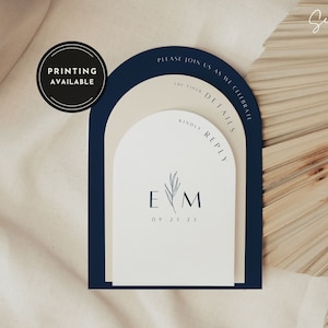 Navy Blue Arch Wedding Invitation Template Light Blue Stacked Arch Wedding Invite Suite Modern Arch Invitation QR Rsvp Blue Printed Invite
