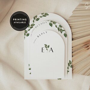 May include: Three white arch-shaped cards with green watercolor leaves. The top card says "The Fine Details". The middle card says "Kindly Reply". The bottom card has the initials "E/A" and a small green watercolor leaf.