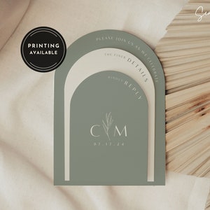 Sage Green Arch Wedding Invitation Suite Template Sage Neutral Stacked Arch Wedding Invite Suite Sage Arch Wedding Stationary Printed Invite image 1