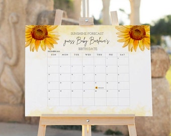 Sunshine December 2023 Guess Baby's Due Date Calendar Template, Sunflower Baby Shower Due Date Prediction Calendar Game Sign Printable 12/23