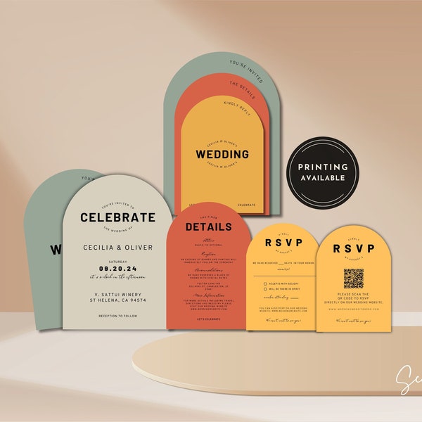 Arch Wedding Invitation Set Template Modern Wedding Invitation Retro Arch Stacked Suite Colorful Funky Wedding Printed Invitation Oliver