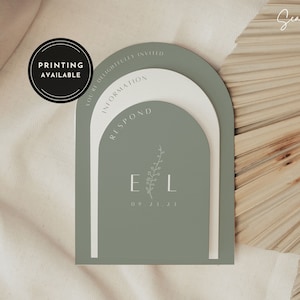 Sage Green Arch Wedding Invitation Suite Template Sage Ivory Stacked Arch Wedding Invite Suite Sage Arch Wedding Stationary DIY Canva