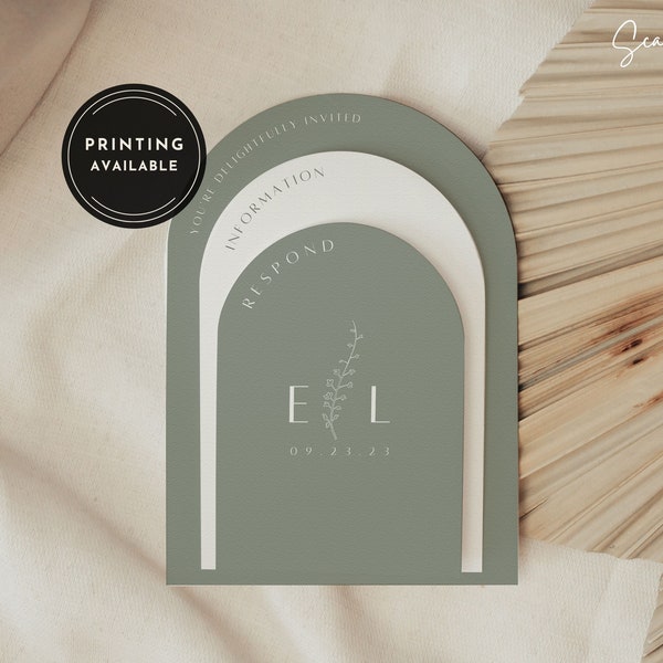 Sage Green Arch Wedding Invitation Suite Template Sage Ivory Stacked Arch Wedding Invite Suite Sage Arch Wedding Stationary DIY Canva