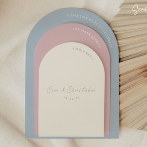 Pink and Blue Arch Wedding Invitation Template Suite Stacked Arch Wedding Invitation Pastel Minimalistic Invite Arch Details Card Lilia