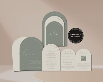 Sage Green Arch Wedding Invitation Suite Template Sage Neutral Stacked Arch Wedding Invite Suite Sage Arch Wedding Stationary Printed Invite