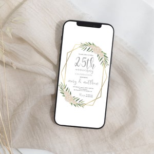 25th Anniversary Evite Template, Floral Greenery 25th Anniversary Electronic Invitation, Silver Wedding Anniversary Digital Invite, Canva