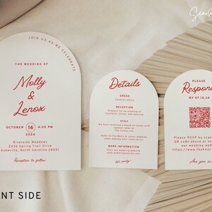 May include: Wedding invitation suite with a modern arch design. The front card features the names Molly & Lenox in red script font with the wedding date and location. The second card has details about the wedding, including dress code, reception information, and hotel accommodations. The third card has a QR code and instructions for RSVP.