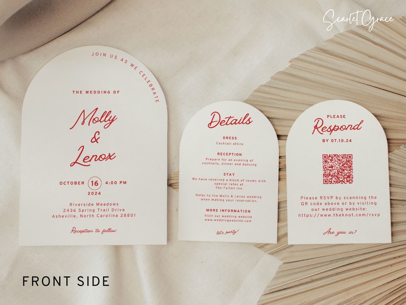 May include: Wedding invitation suite with a modern arch design. The front card features the names Molly & Lenox in red script font with the wedding date and location. The second card has details about the wedding, including dress code, reception information, and hotel accommodations. The third card has a QR code and instructions for RSVP.