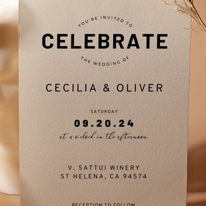 Puede incluir: Una tarjeta de invitaci&oacute;n de boda beige con texto negro. El texto dice "You're invited to Celebrate the wedding of Cecilia & Oliver Saturday 09.20.24 at 5 o'clock in the afternoon. V. Sattui Winery St Helena, CA 94574 Reception to follow Scarlet Grace".