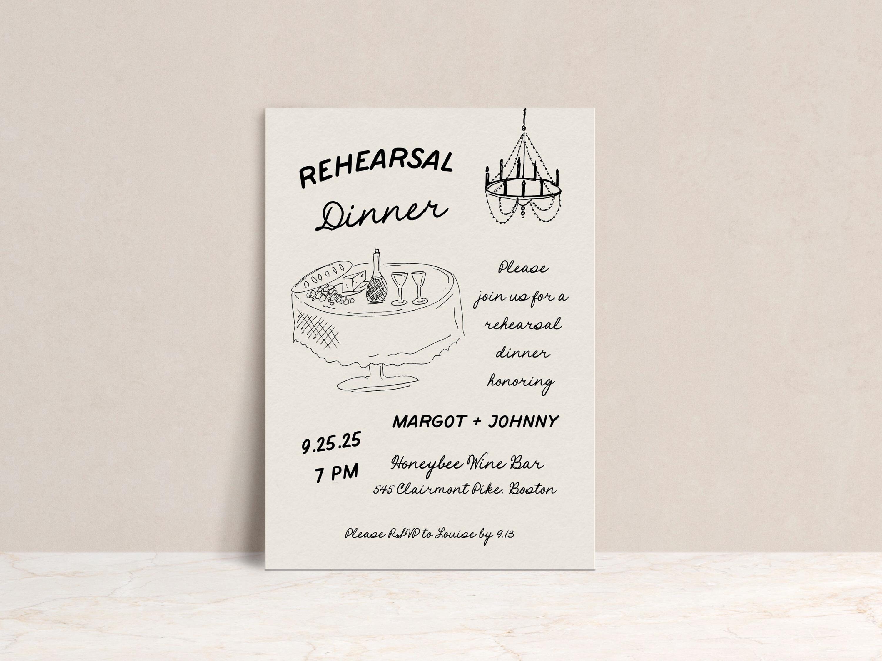 Rehearsal Dinner Hand Drawn Invitation Template Wedding Rehearsal Invite Handwritten Whimsical Rehearsal Invitation Card Dinner Table Margot