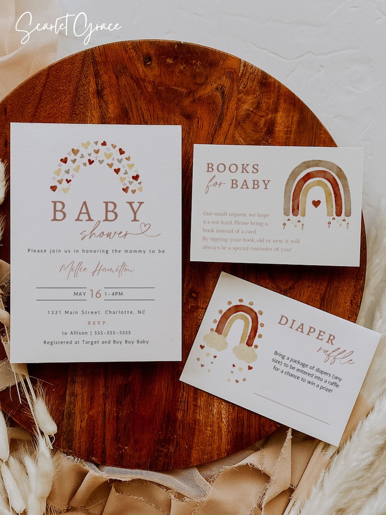 Boho Rainbow Baby Shower Invitation Suite Templates, Printable Boho