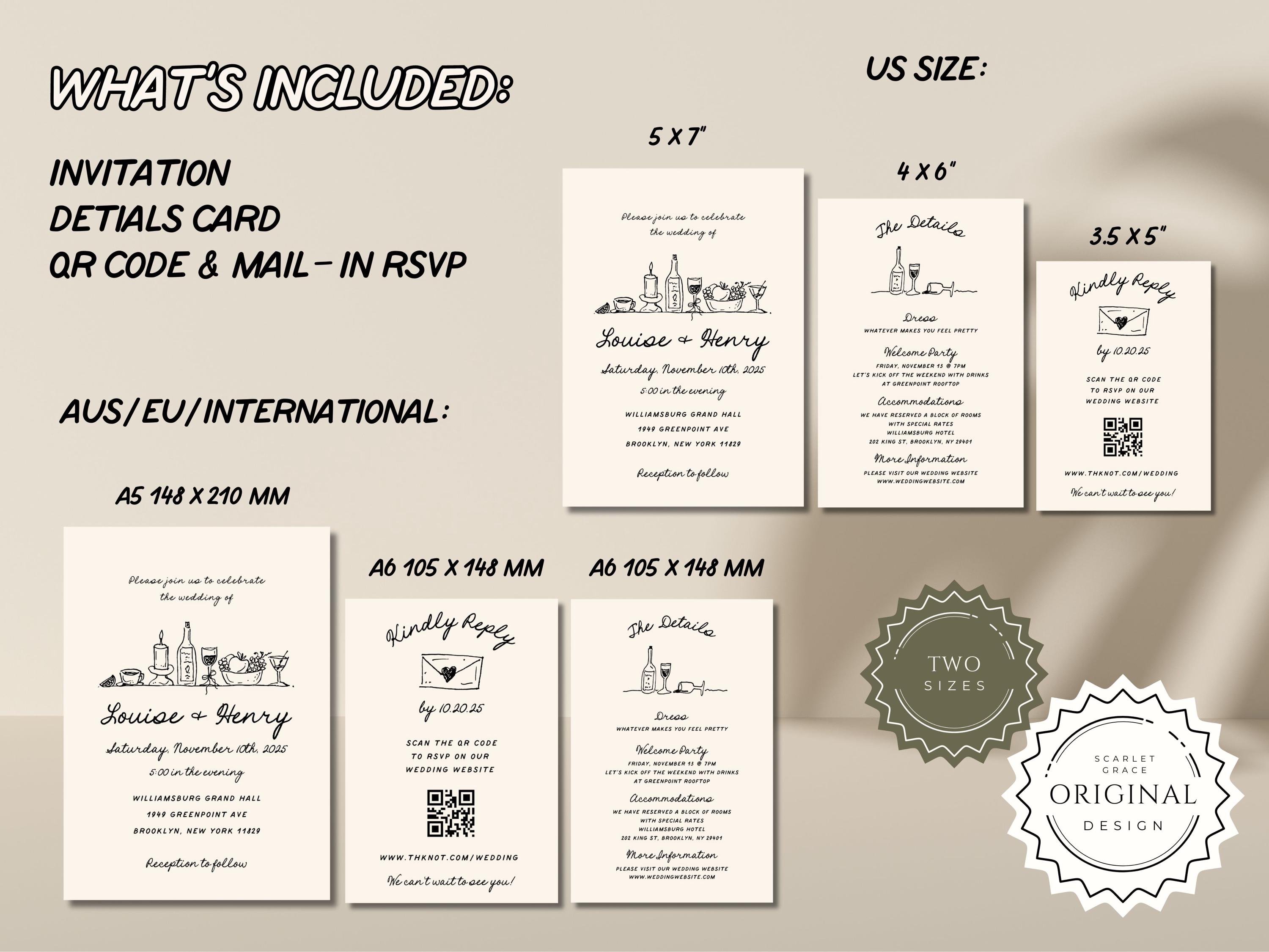 Hand Drawn Wedding Invitation Template Suite Scribble Illustrations ...