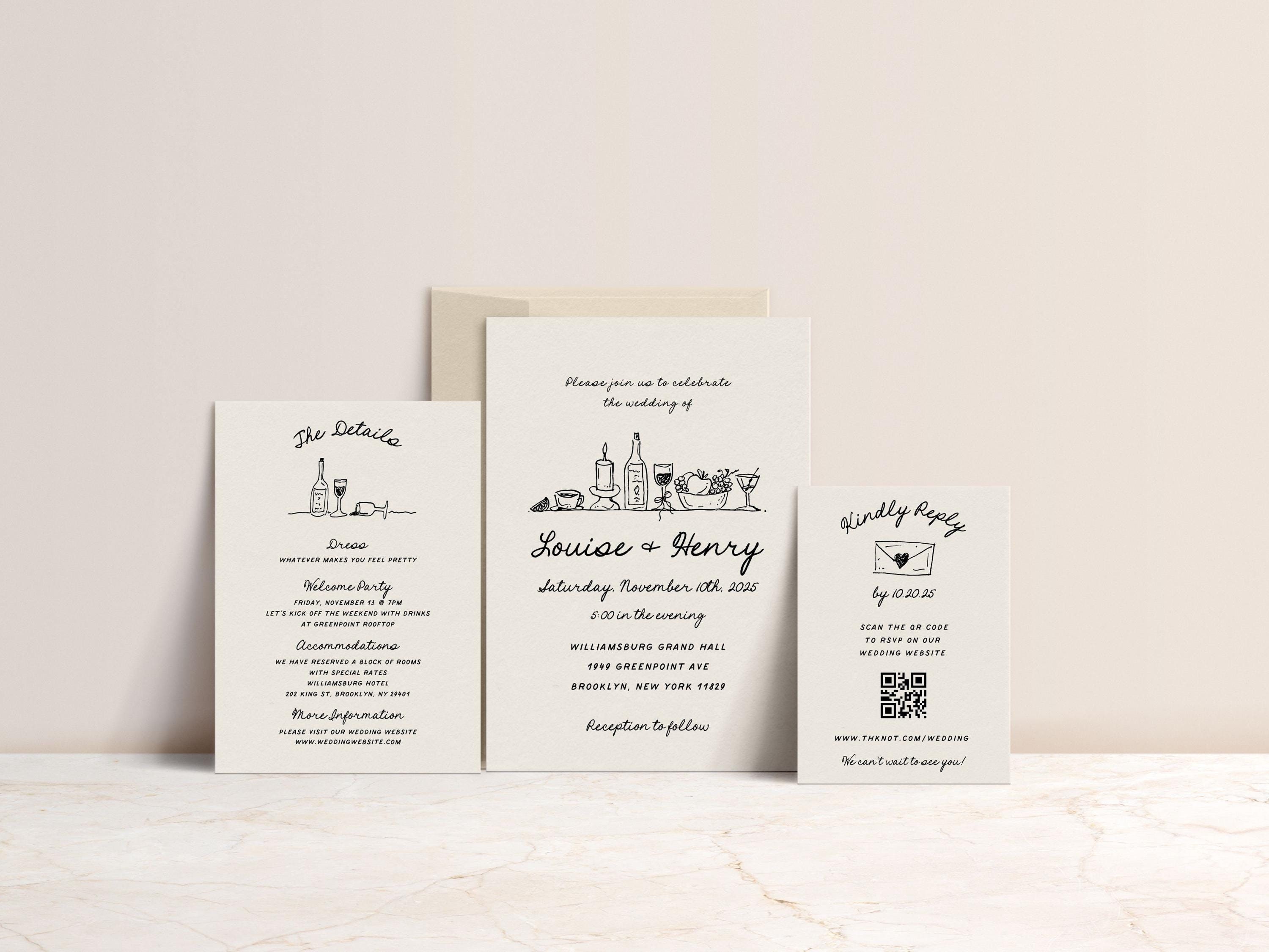 Hand Drawn Wedding Invitation Template Suite Scribble Illustrations ...