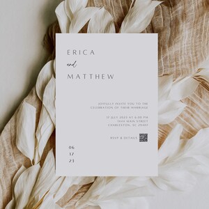 May include: Wedding invitation with a white background and a simple design. The invitation reads "Erica and Matthew joyfully invite you to the celebration of their marriage 17 July 2023 at 6:00 PM 1444 Main Street Charleston, SC 29407 RSVP & Details".