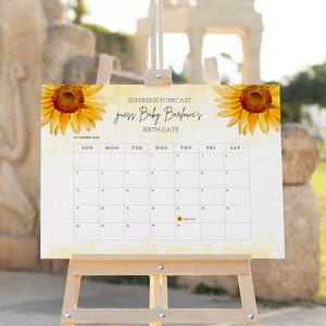 Sunshine November 2023 Guess Baby&#39;s Due Date Calendar Template, Sunflower Baby Shower Due Date Prediction Calendar Game Sign November 2023