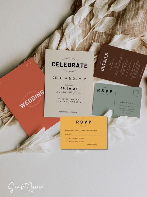 Wedding Invitation Template Suite Modern Wedding Invitation Retro Wedding Invite Set Colorful Funky Wedding Printable Invitation Oliver
