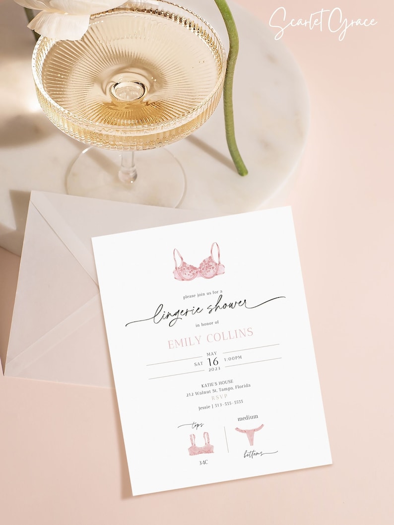 Pink Lingerie Shower Invitation Template, Minimalist Lingerie Bridal Shower Invite, Feminine ...