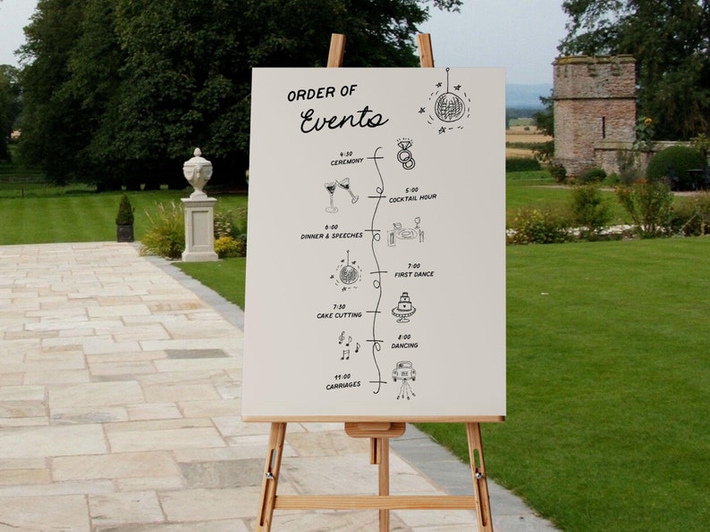 Pu&ograve; includere: Un cartello bianco con testo nero e illustrazioni su un cavalletto. Il cartello elenca l'ordine degli eventi di un matrimonio, tra cui la cerimonia, l'ora del cocktail, la cena e i discorsi, il primo ballo, il taglio della torta e il ballo.