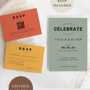 Puede incluir: Una invitaci&oacute;n de boda verde y blanca con el texto "You're invited to Celebrate the wedding of Cecilia & Oliver" y la fecha "S&aacute;bado 09.20.24 a las 4 de la tarde". La invitaci&oacute;n tambi&eacute;n incluye la ubicaci&oacute;n "V. Sattui Winery, St Helena, CA 94574" y el texto "Recepci&oacute;n a seguir".