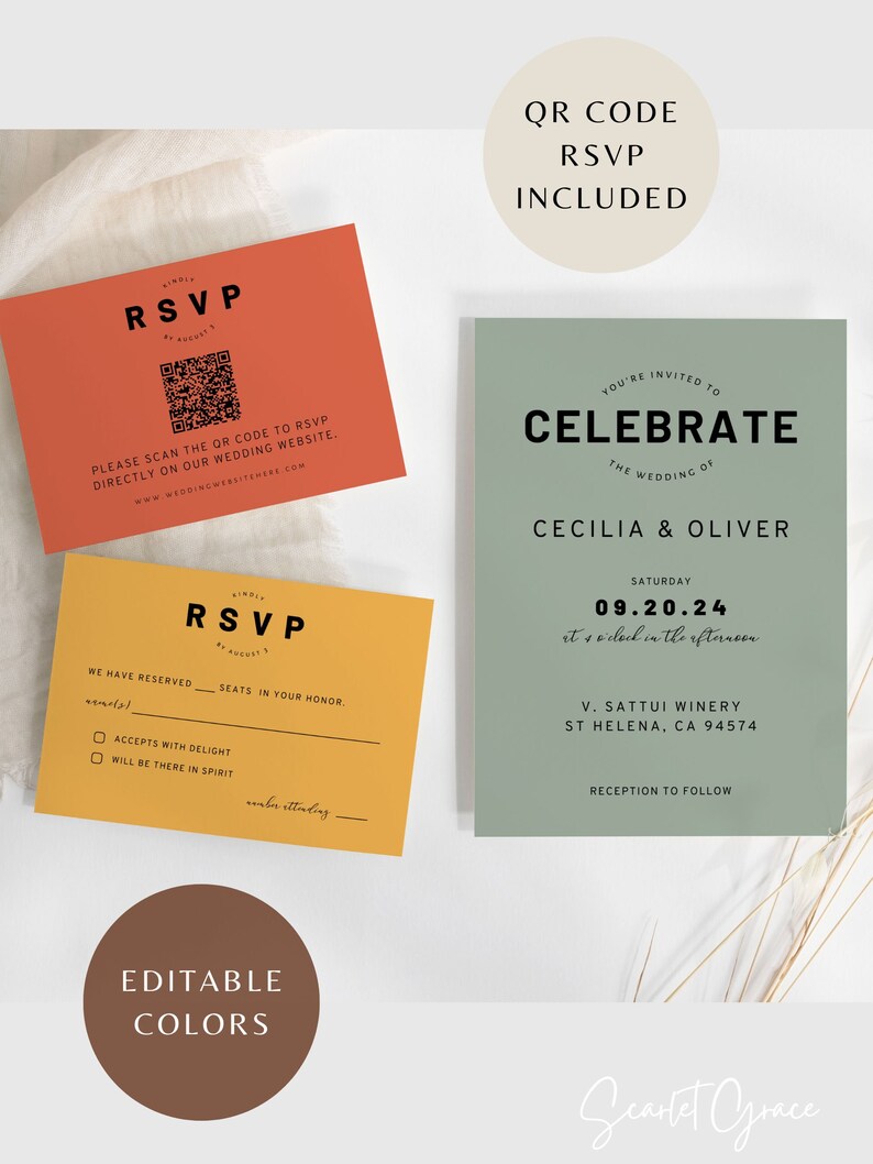 Puede incluir: Una invitaci&oacute;n de boda verde y blanca con el texto "You're invited to Celebrate the wedding of Cecilia & Oliver" y la fecha "S&aacute;bado 09.20.24 a las 4 de la tarde". La invitaci&oacute;n tambi&eacute;n incluye la ubicaci&oacute;n "V. Sattui Winery, St Helena, CA 94574" y el texto "Recepci&oacute;n a seguir".