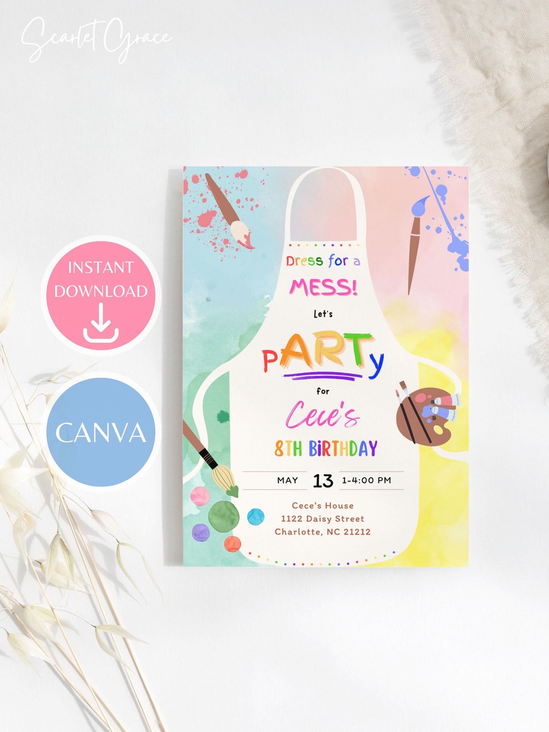 Paint Party Birthday Invitation Template, Art Party Birthday Invite