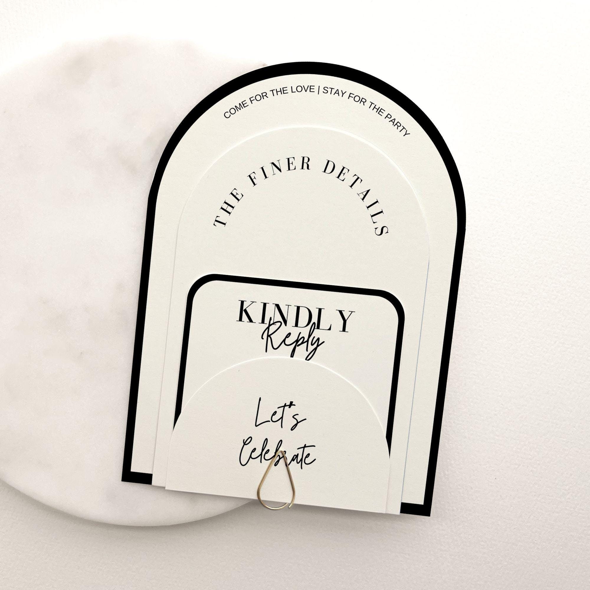 Black and White Arch Wedding Invitation Template Suite Modern Wedding Stacked Invitation Minimalist Four Piece Invite Monochrome Eliza